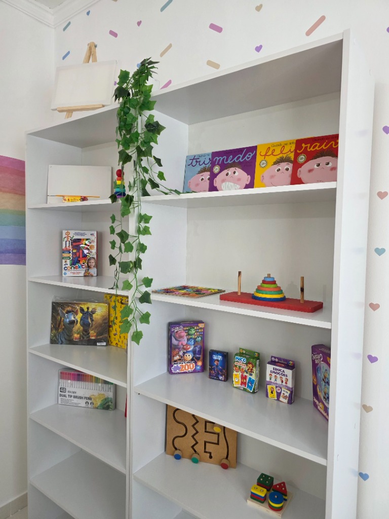 Estante de brinquedos pedagógicos e livros de sentimentos